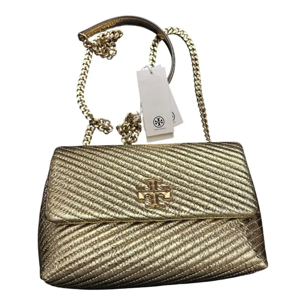 Tory Burch Kira Metallic Moto Quilt Small Convertible Shoulder Bag Gold New